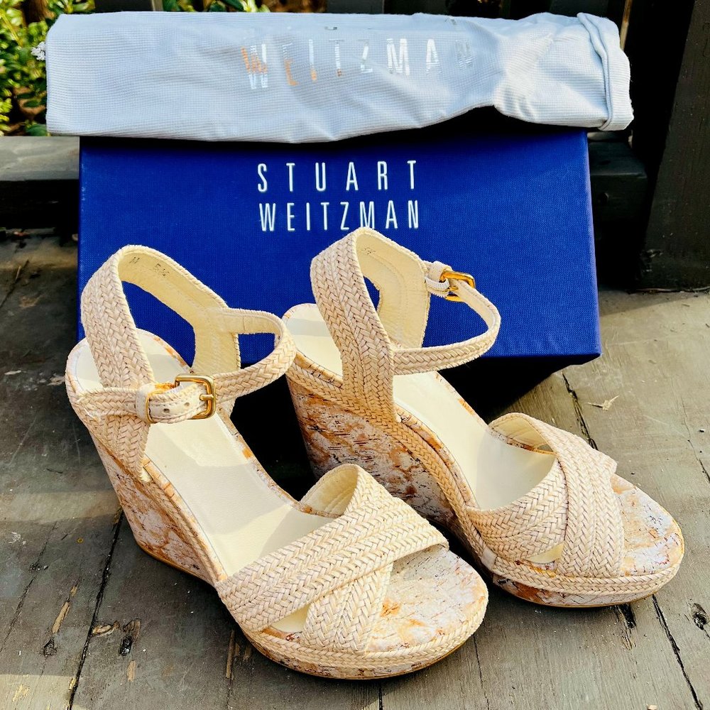 Stuart Weitzman Minx Cork Wedge Platform Sandals w/ Braided Straps, Like New